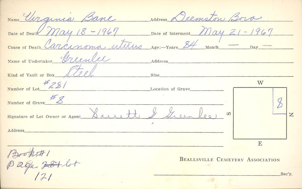 Virginia Bane burial card